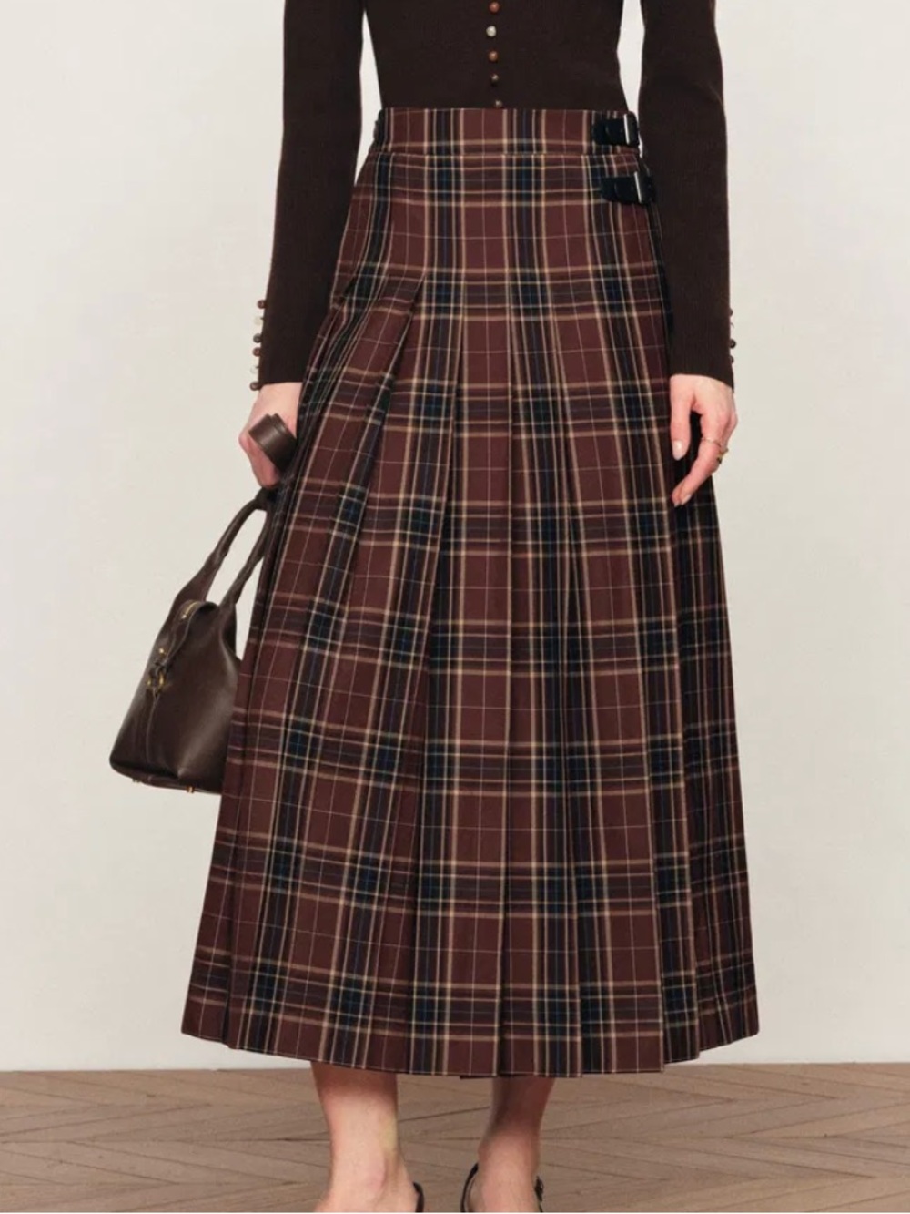 Plaid Maxi Skirt in Brown - Classic Pleated Womens Skirt